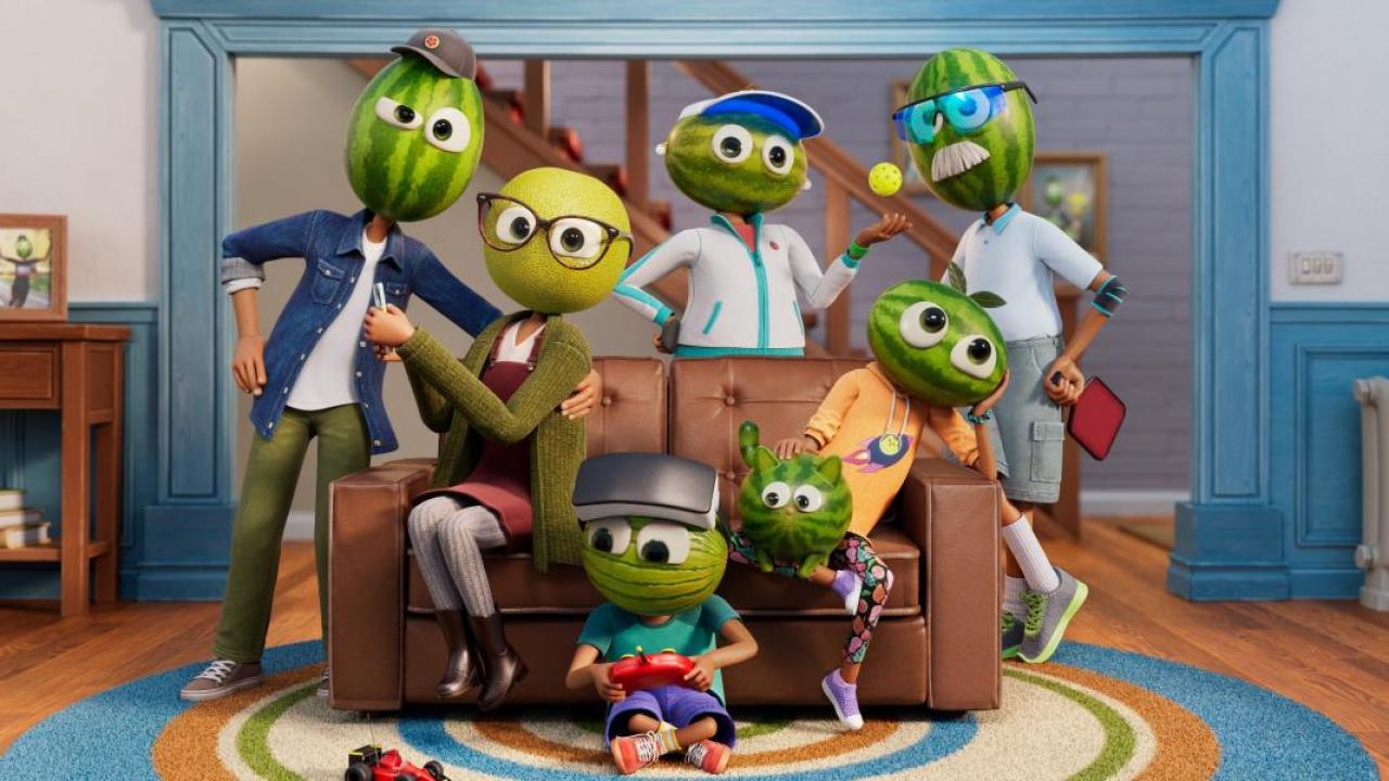 A digital family in a living room, all have melons for heads.