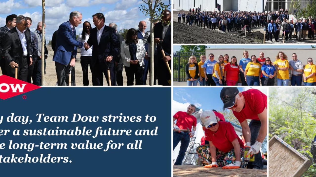 "Every day, Team Dow strives to deliver a sustainable future and create long-term value for all our stakeholders" with images of employees at events