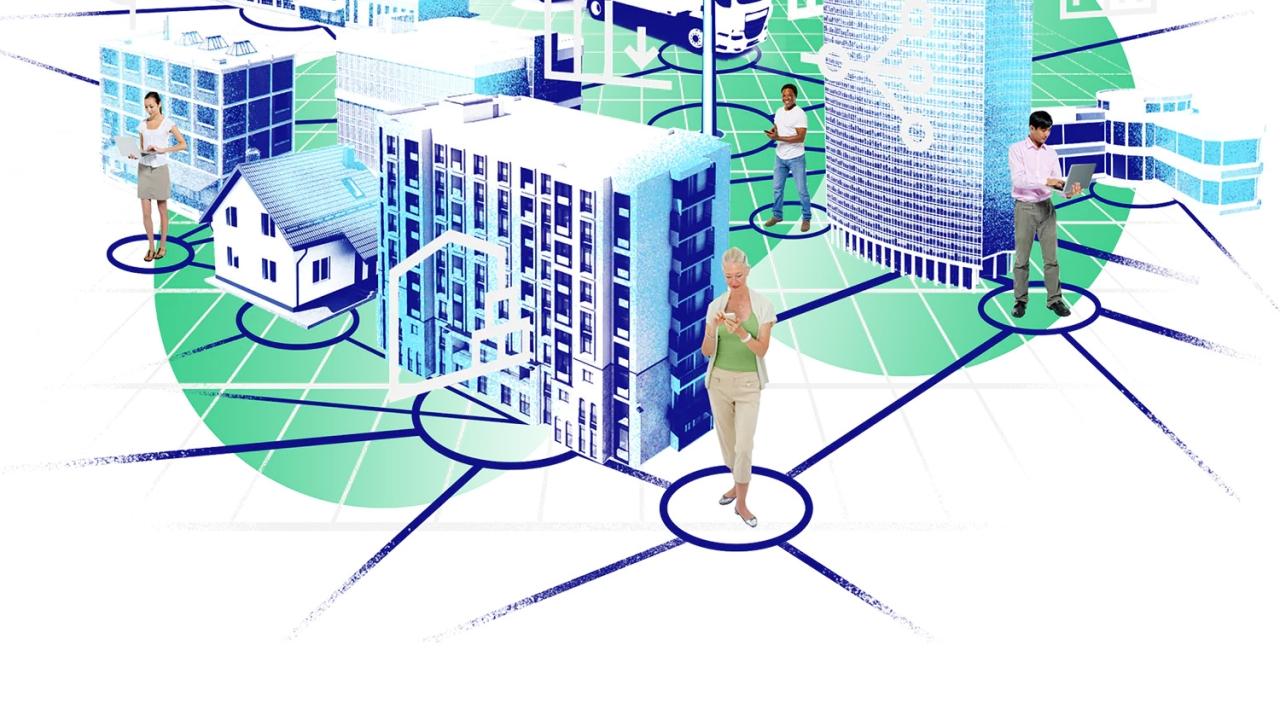 abstract city with four people each connected to a mobile device
