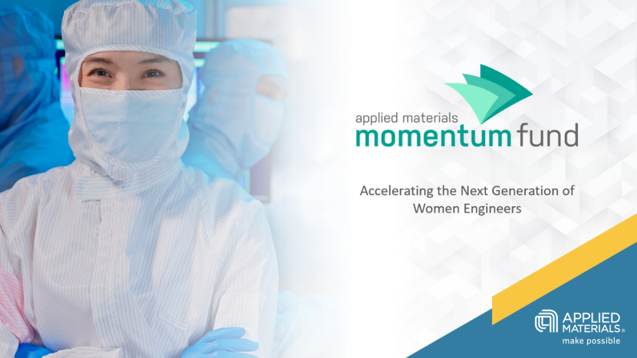 Woman wearing mask and surgical outfit next to the words, "momentum fund: Accelerating the Next Generation of Women Engineers"