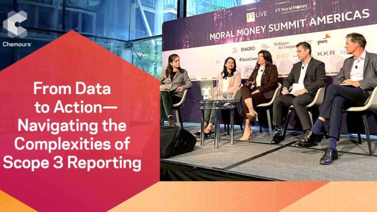 A panel of people seated in front of a banner "Moral Money Summit Americas". To the left "From data to action - navigating the complexities of scope 3 reporting."