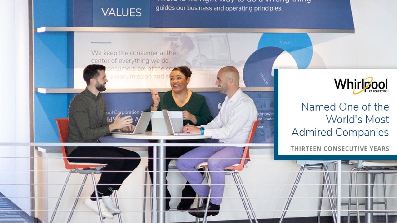 Three people seated at a table in discussion, smiling. Each has a laptop open. "Whirlpool Named one of the world's most admired companies" on the right side.