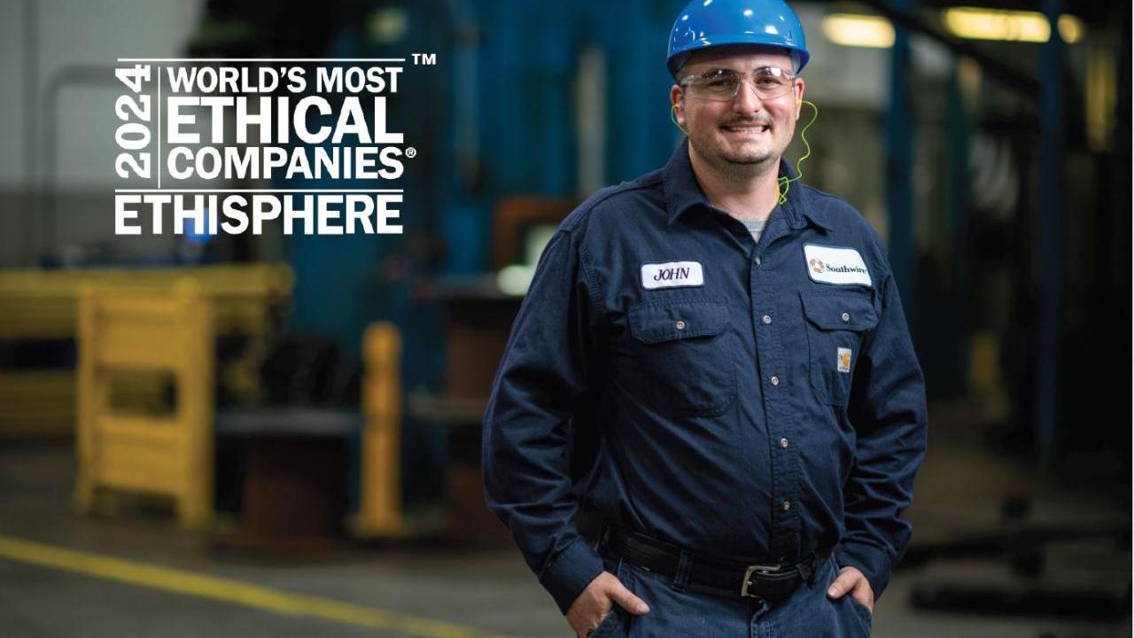 A smiling person in a hard hat and safety glasses. "2024 World's Most Ethical Companies. Ethisphere."