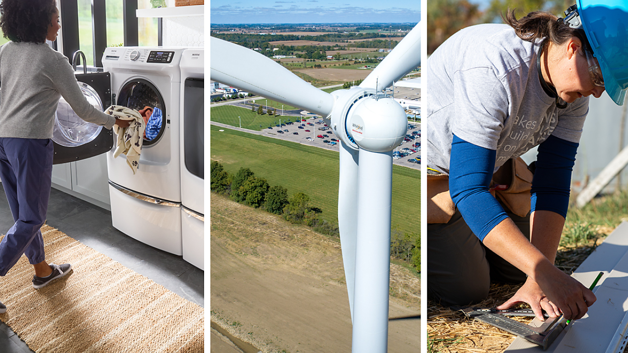 collage: someone doing laundry, closeup of a wind turbine, someone measuring a board