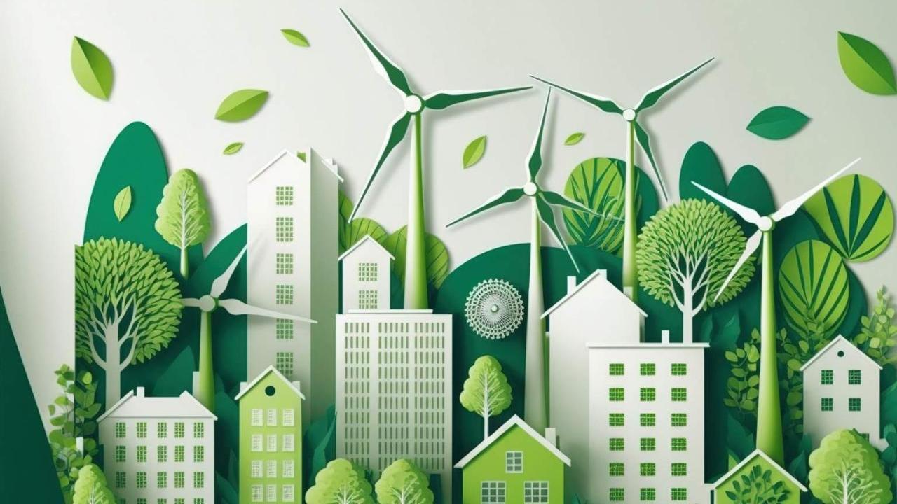 drawing of energy efficient buildings and windmills
