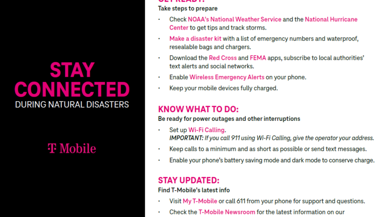 Info graphic "Stay Connected during natural disasters" Tips to "Get Ready, Know what to do, and Stay updated"