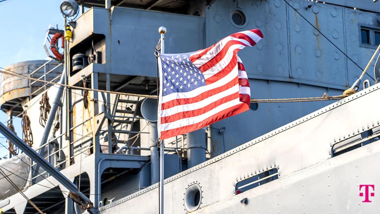 american flag on a battleship