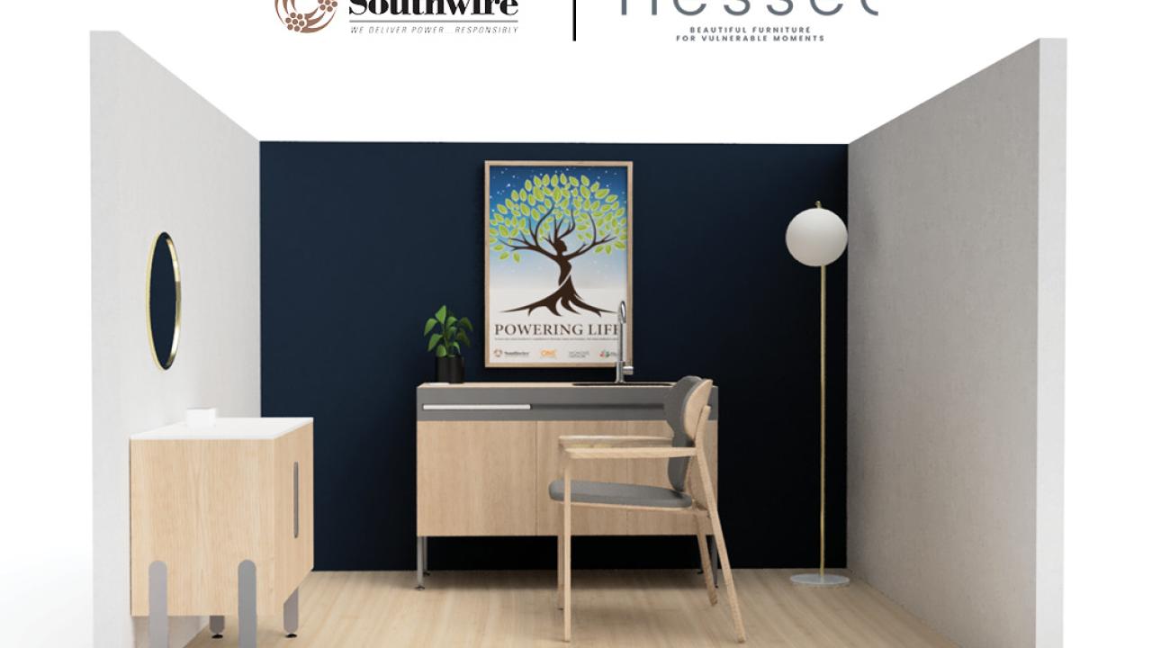 A rendered image of a room with a chair, changing table, sink.