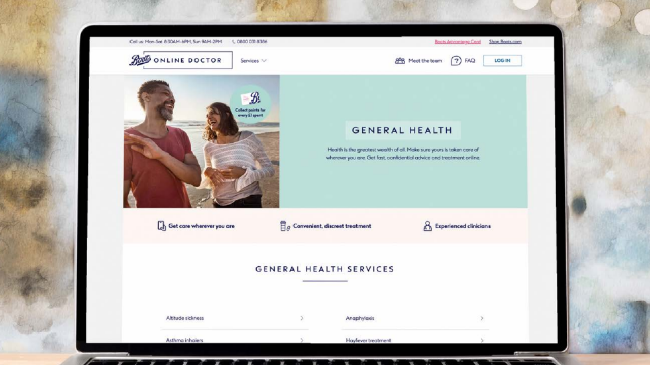 An open laptop "Boots Online Doctor" in the corner. "General health services."