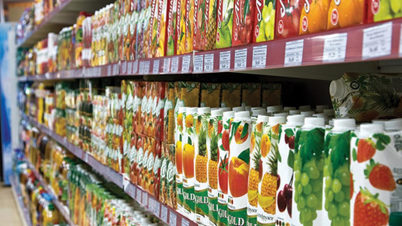 Food packages on shelves