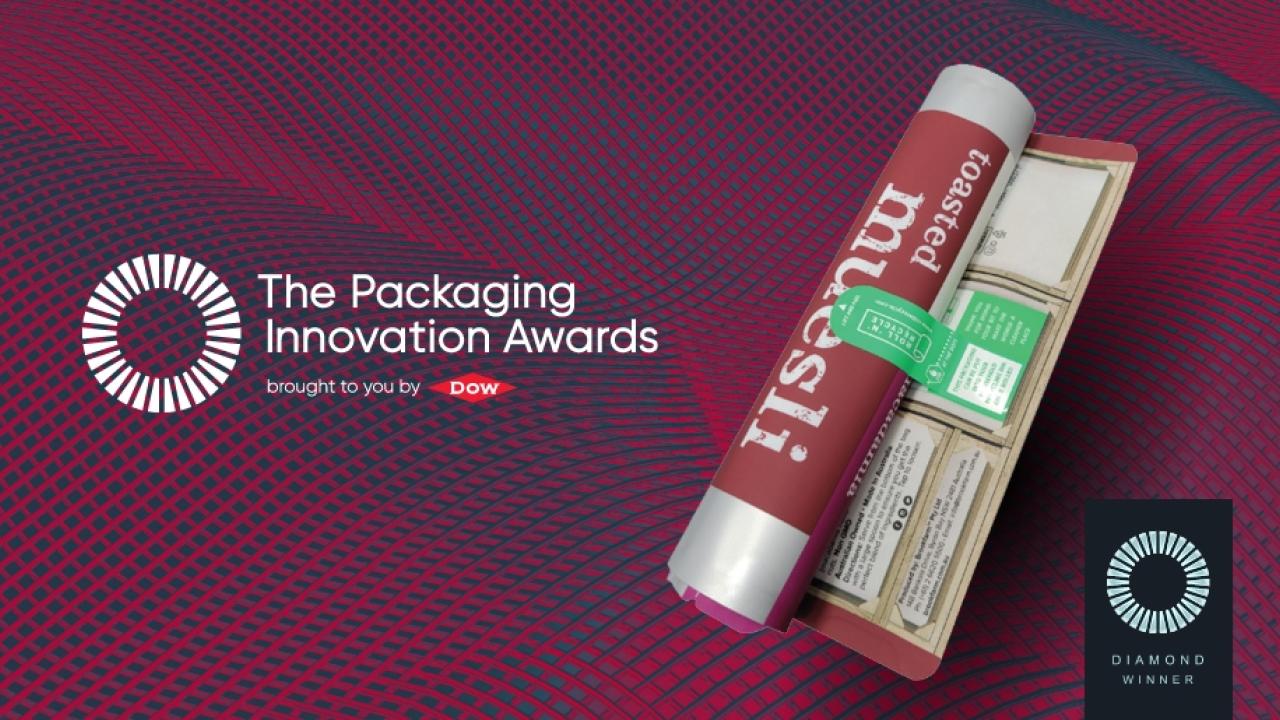 A photo of packaging with the text "The Packaging Innovation Awards, brought you by Dow"