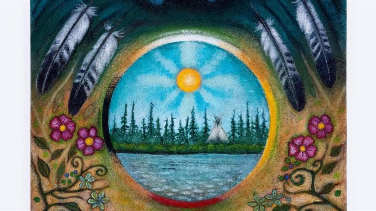 Colorful painting of forrest in a frame surrounded by feathers and flowers