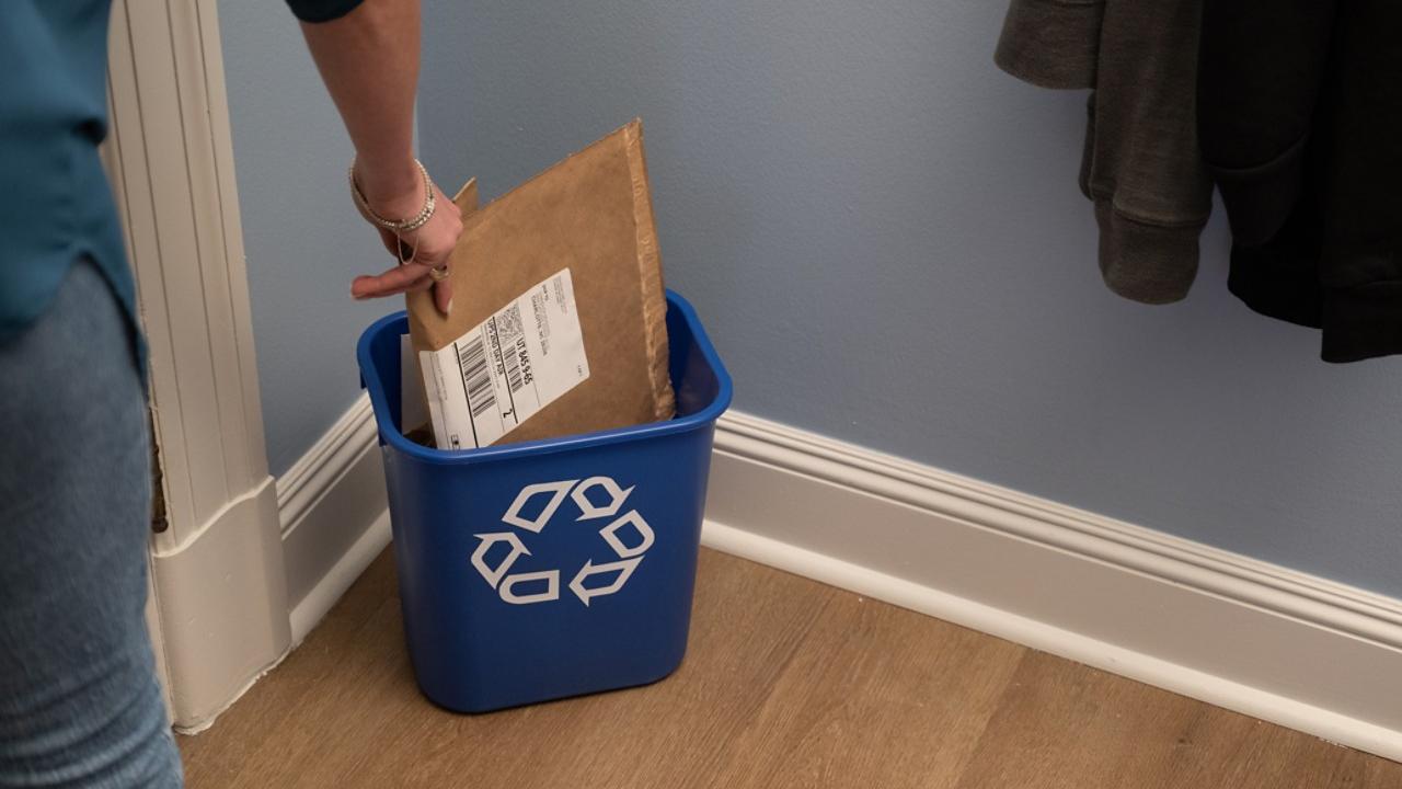 Closeup of a person's hand putting a paper packaging mailer into a small recycling bin inside a home.(