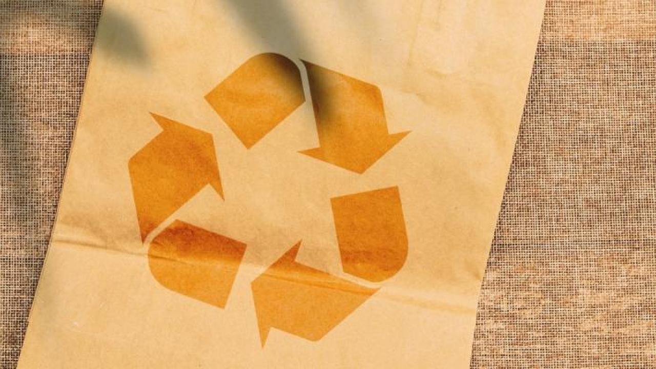 A brown paper bag with a recycling logo on it.