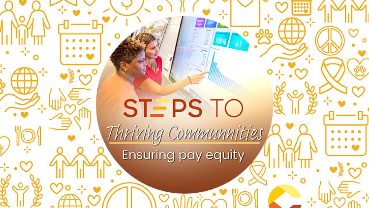 "Steps to thriving communities ensuring pay equity" over a photo of two people pointing to a large digital screen with graphs.
