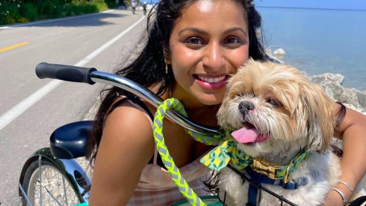 A person biking outside with a small dog in a front basket.