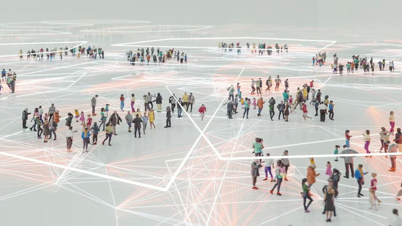 Digital rendering of an open area with small groups of people and white digital lines connecting them