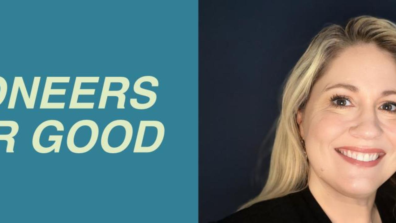 Kate Calero and "Pioneers For Good" to the left.