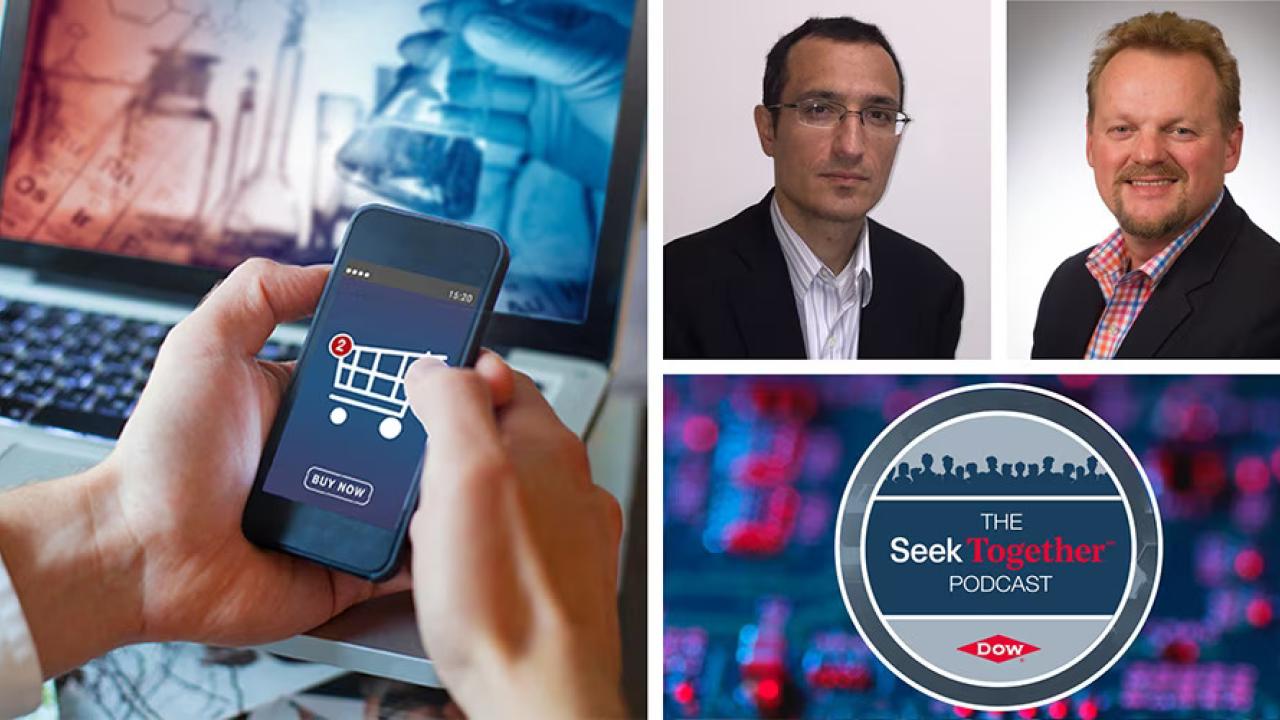 Collage of three photos: A person holding a cell phone with a laptop open, the two guests of the podcast, and "The seek together podcast" logo.