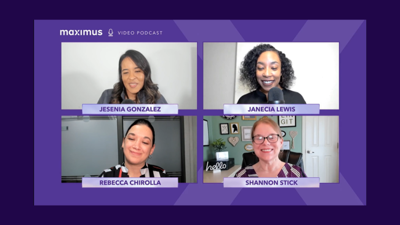 Four people appearing in a virtual meeting. Their names beneath them and Maximus logo in the corner.