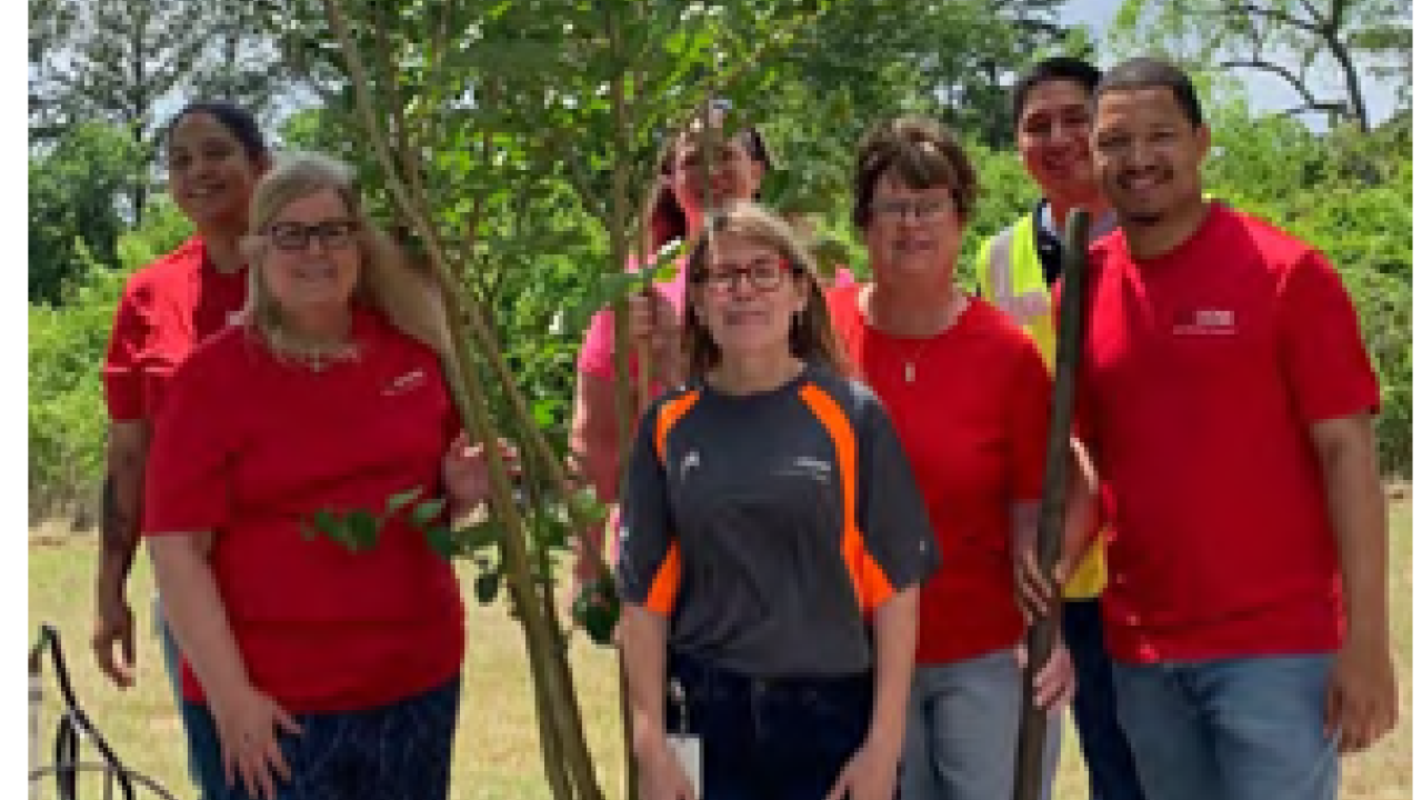 Volunteers in matching red shirts posed next to a tree in a container.