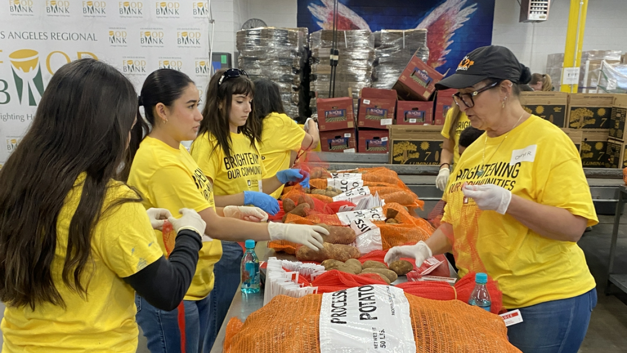 Volunteers at a long table loaded with sacks of potatoes