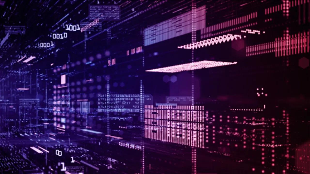 Digital rendering of computer boards, binary code, small lights.