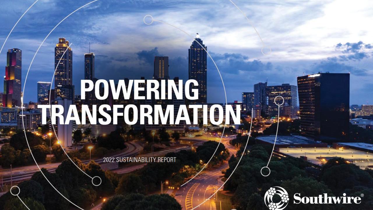 Southwire logo and "Powering Transformation" over a cityscape.