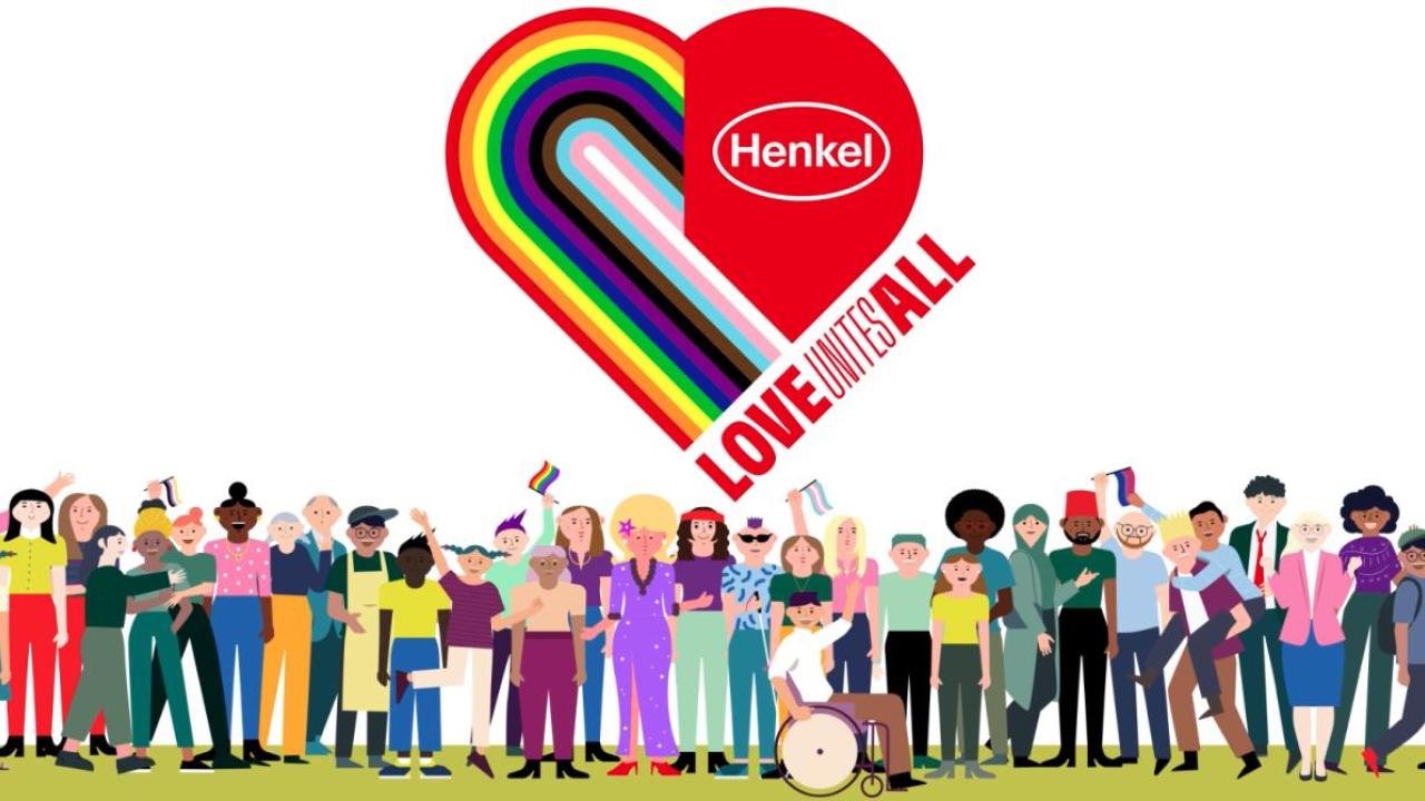 Illustrated group of people spread out across the screen gathered under a Henkel logo within a heart, bearing the words 'Love Unites All'