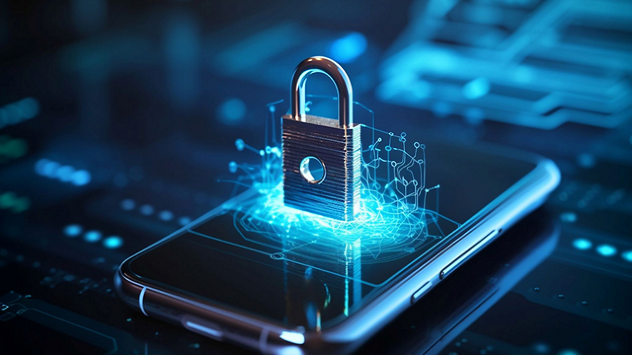 A cell phone on a dark surface. A digital lock superimposed.