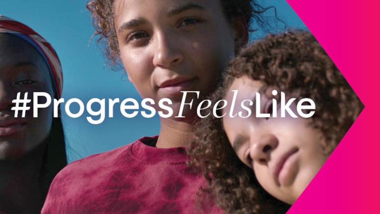 two people with #ProgressFeelsLike in white text and kotex logo