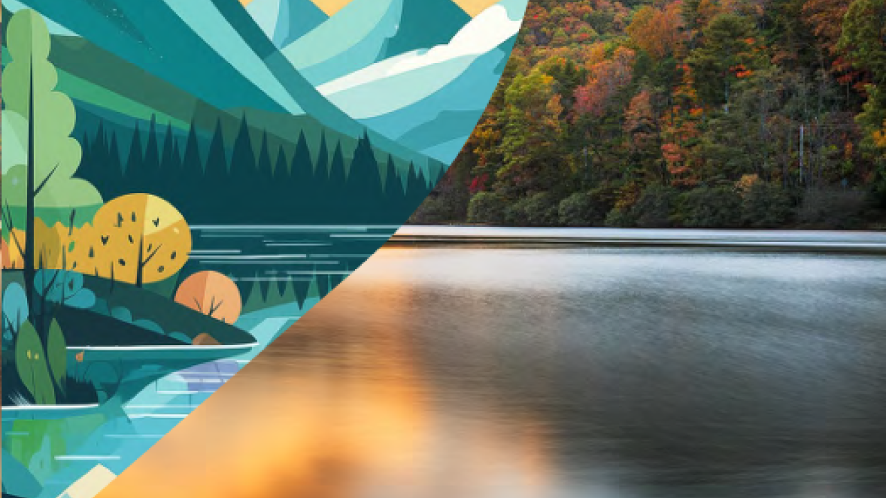 A scenic mountain, forest, waterway landscape with a cross-section of a digitized version.