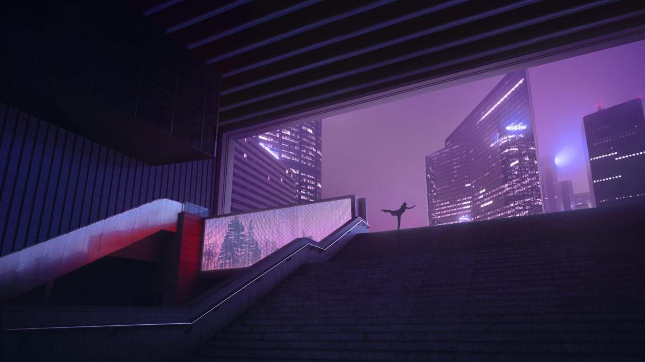 Silhouette of a person dancing at the opening of a stairwell that leads underground.