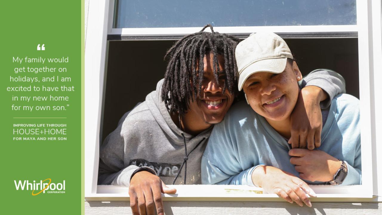 People in home window with quote "My family would get together on holidays, and I am excited to have that in my new home for my own son."