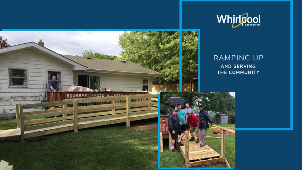 A home with a newly built wooden ramp. Whirlpool logo and "Ramping up" on the side