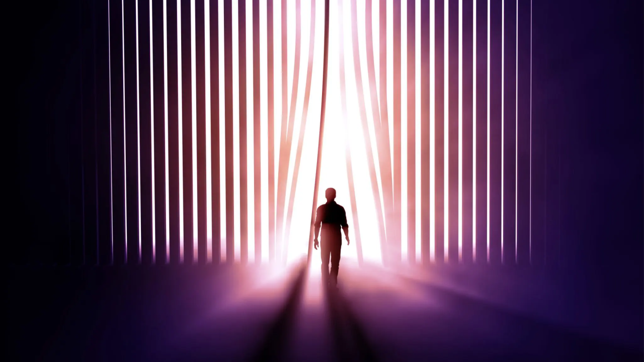 A silhouette of a person walking through vertical panels into light