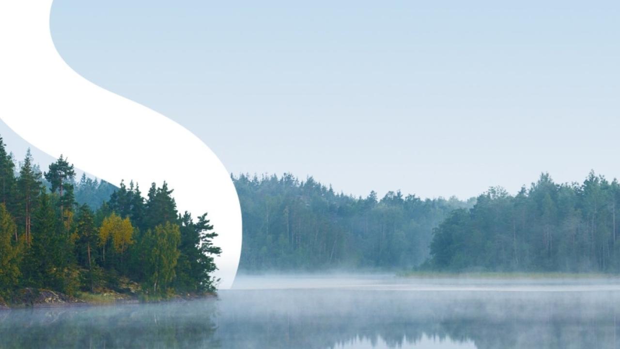 S graphic overlayed on an image of a lake