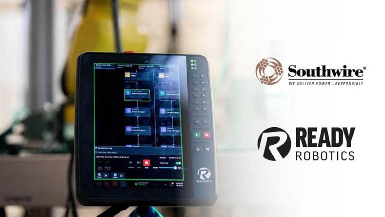 An electronic tablet on a desk open to an operations program. Southwire and READY logos to the right.