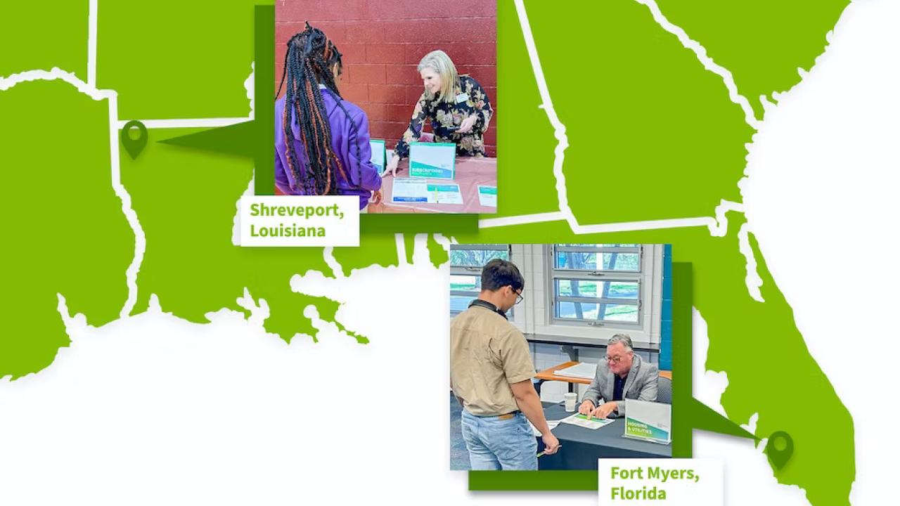 Over a map of the southeast states, two images of volunteers assisting youth.