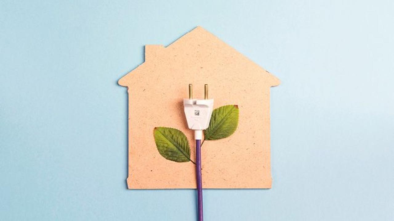 An electric plug with leaves on the cord on top of a cut out house.