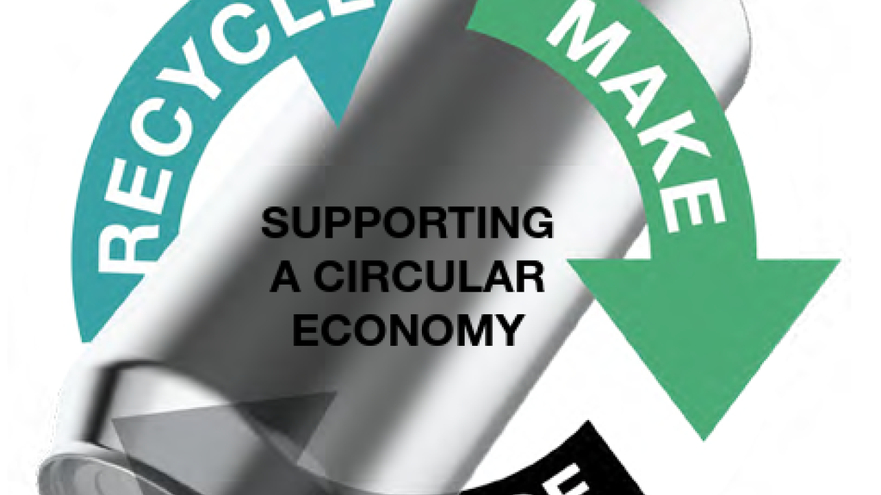 A metal can with recycling arrows around it "Recycle, Make, Re Use" in the arrows.