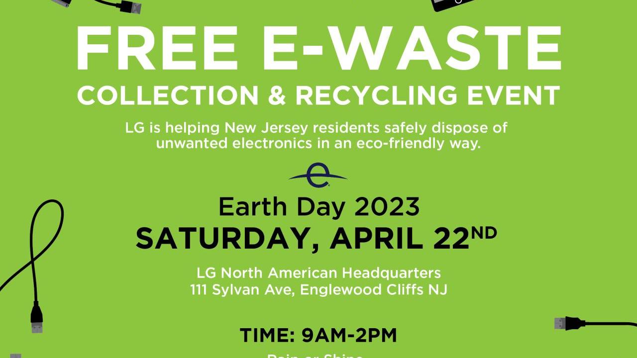 Info graphic "Free e-waste collection and recycling event" Earth Day 9am-2pm and a list of accepted and not accepted items.