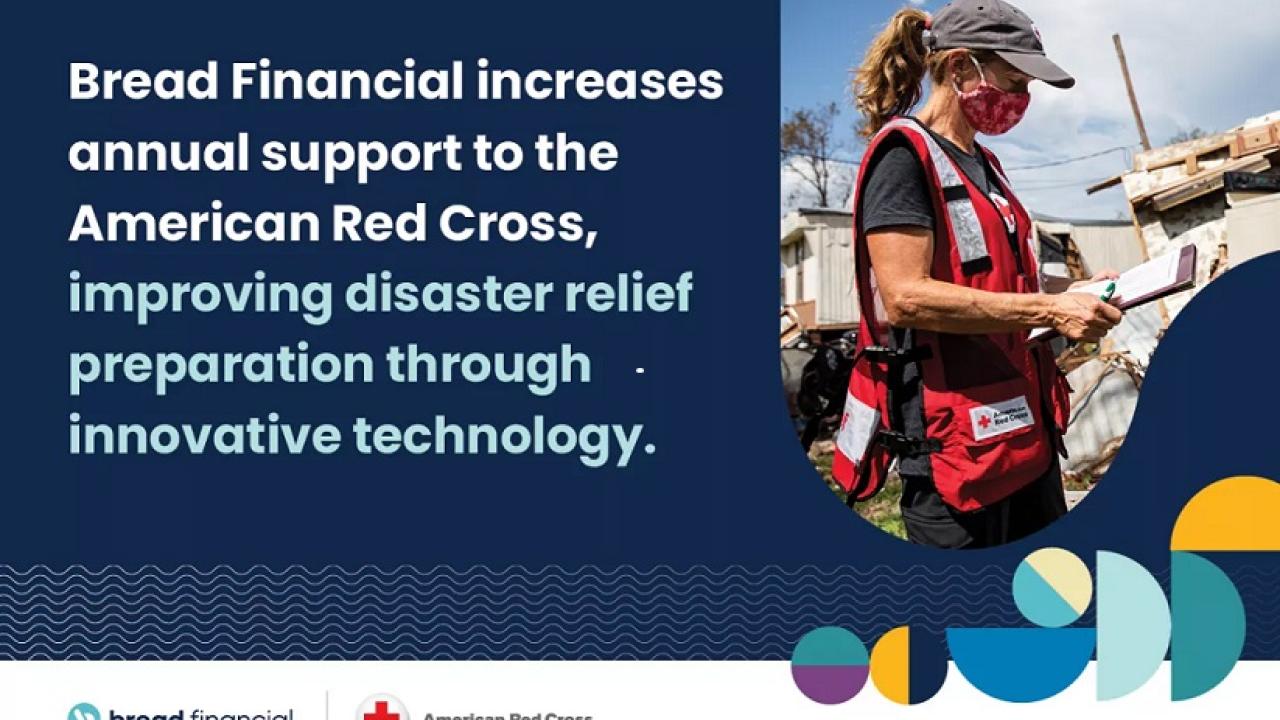 "Bread financial increases annual support to the American Red Cross, improving disaster relief preparation through innovative technology. Next to a picture of a person in a ball cap and red cross vest using a device