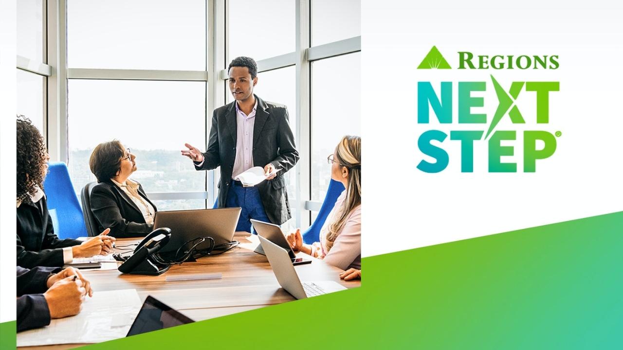 Regions "Next Step" Banner with person speaking to others around a table