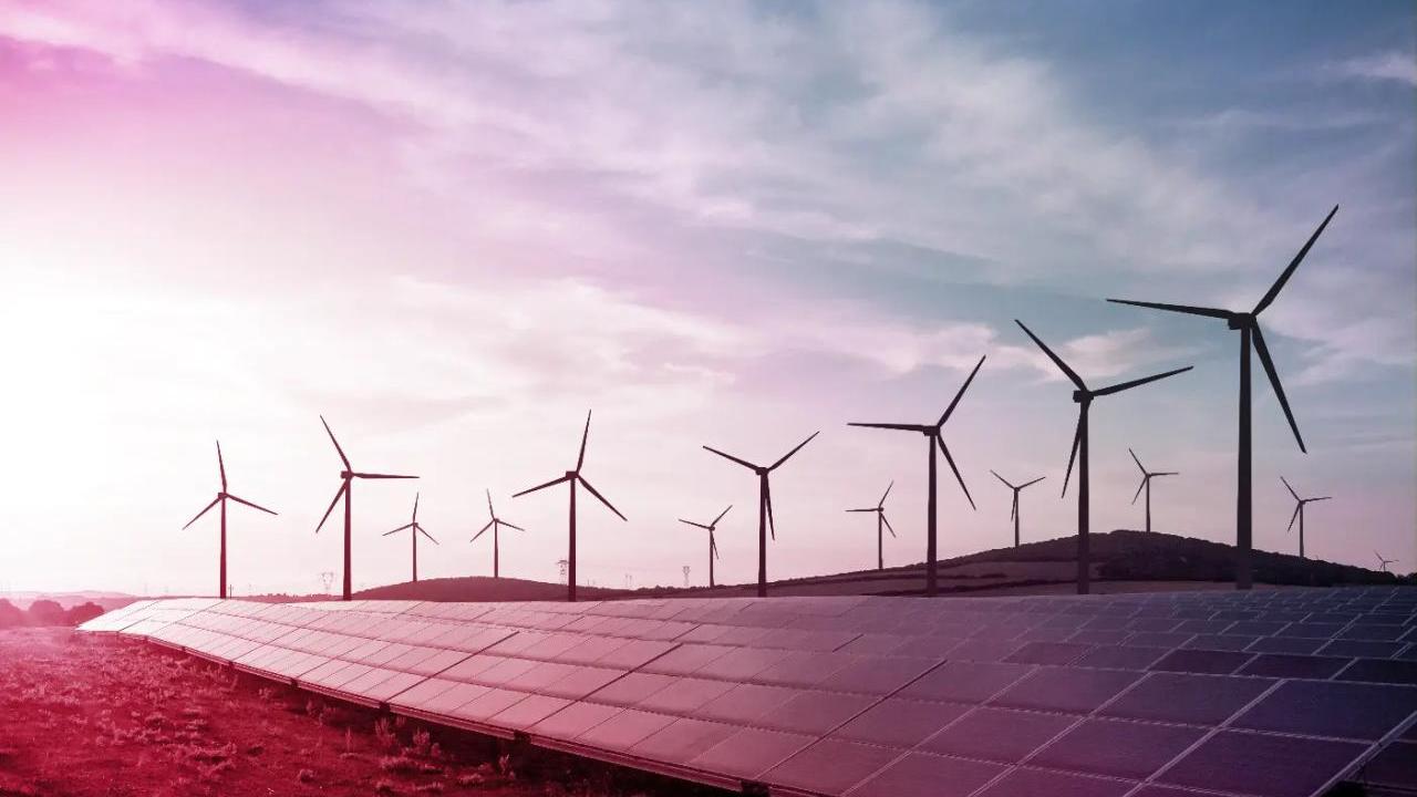 A long row of solar panels, rows of wind turbines in the background.