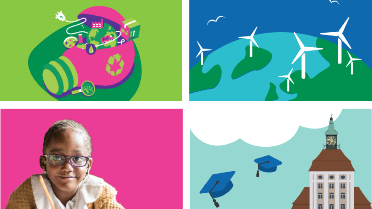 Collage of 4 Illustrations: Top left: Recycling, Top Right: wind turbines on the earth, Bottom left: child smiling, Bottom right: school with Graduation caps in the air