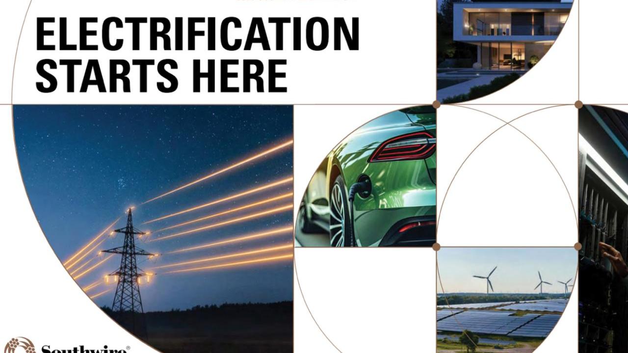 "Electrification Starts Here" Collage of images of a car, home, wind turbines.
