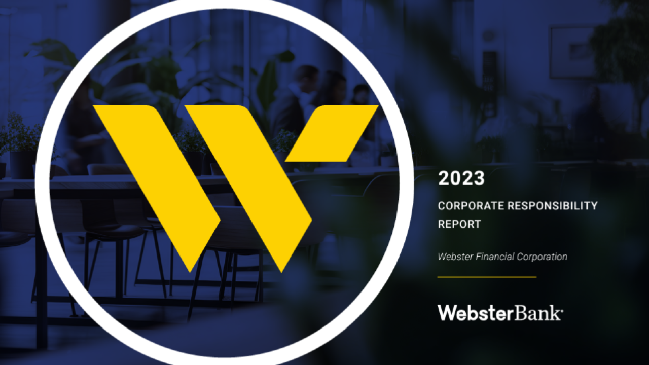Report cover "2023 Corporate responsibility report" and Webster Bank logo.