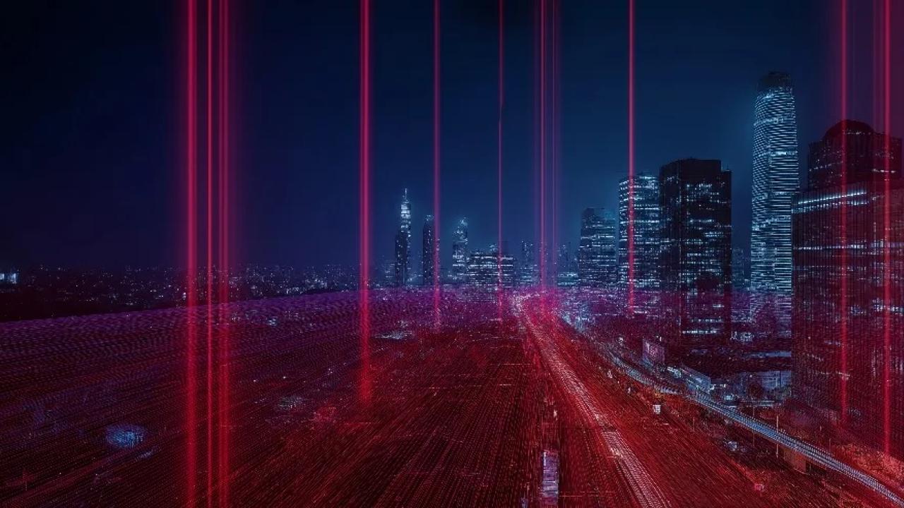 cityscape with vertical red lines