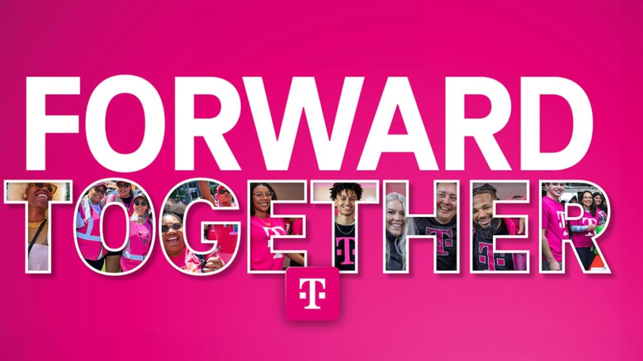 "Forward Together" on a pink background.